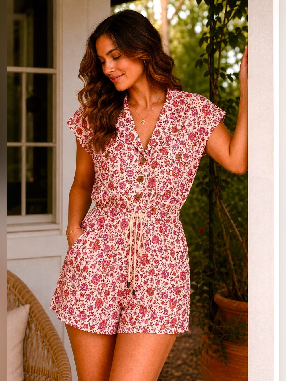 Jessica Simpson Linen Floral Romper Boho Fest Short Sleeve Tie Waist Pockets M